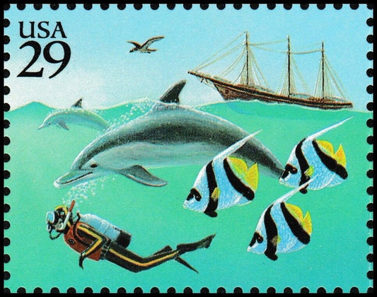 Five (5) vintage unused postage stamps - Wonders of the Sea: dolphin // 29 cent stamps // Face 1.45